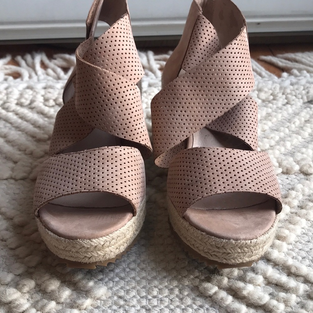 Eileen Fisher Blush Perforated Leather Crisscross Espadrille Wedges